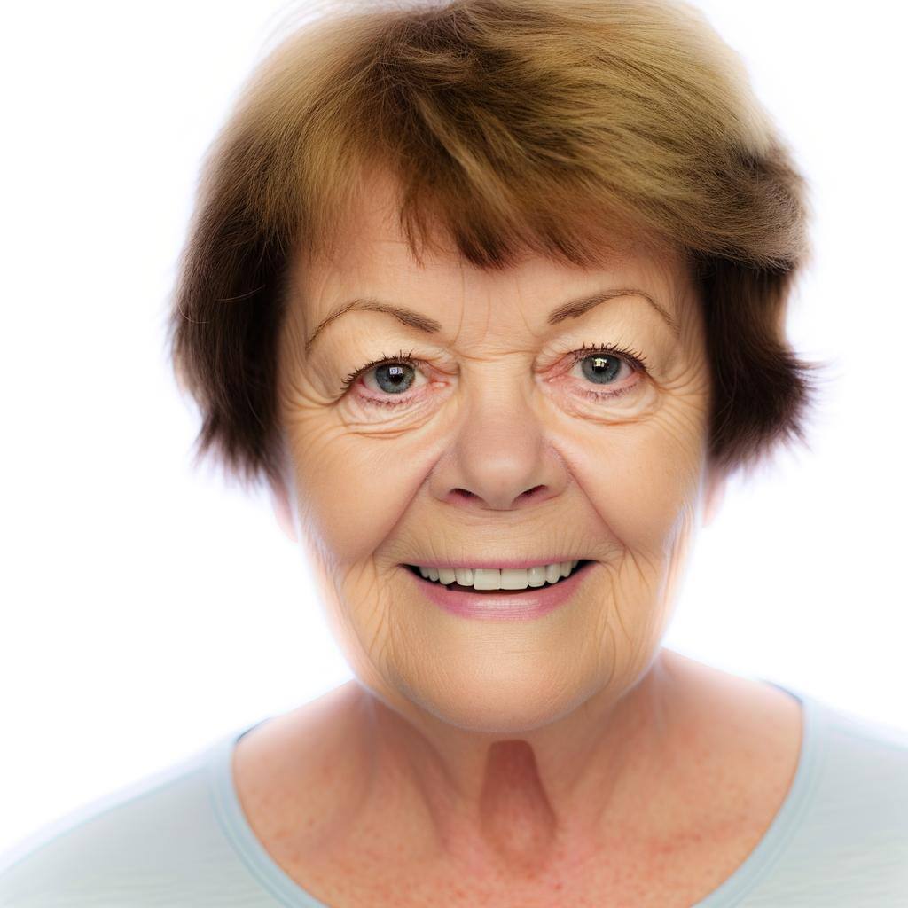 photo headshot gentle and smiling 60 year old woman named Anne Crawford on a white background